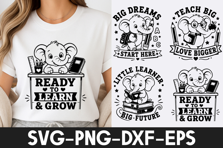 Cute Elephant Back to School Learning SVG PNG