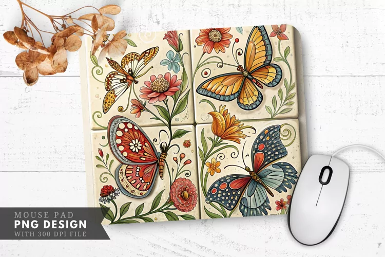 Butterfly And Floral Tile Design Mouse Pad PNG Design