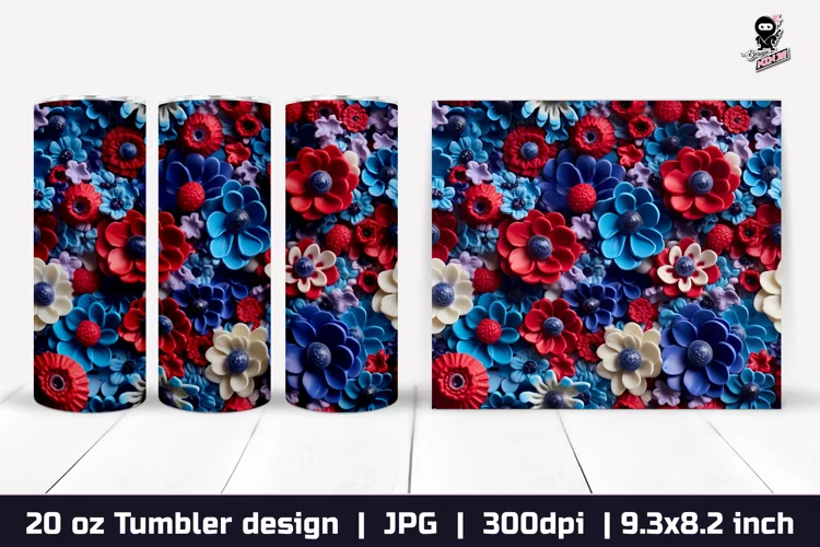 3d Flowers Tumbler, Floral Patriotic Tumbler Sublimation Wra