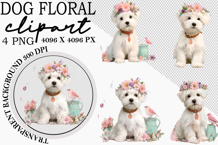 Whimsical Dogs Floral Clipart Spring Png