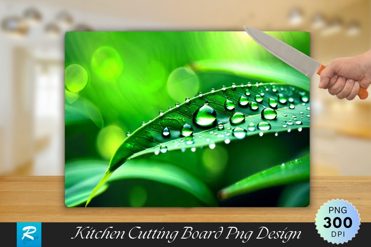 Water Drops on a Green Leaf Cutting Board Sublimation Design example image 1