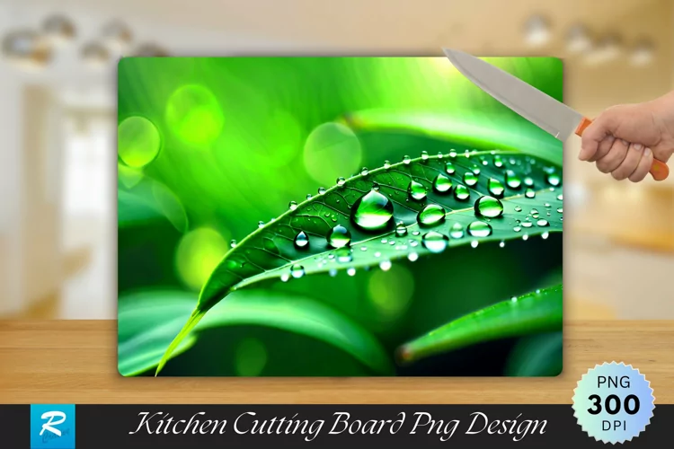 Water Drops on a Green Leaf Cutting Board Sublimation Design