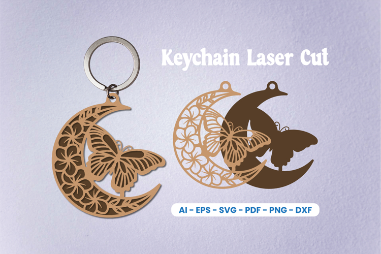 Floral Butterfly Moon Keychain SVG - Crescent Moon Laser Cut