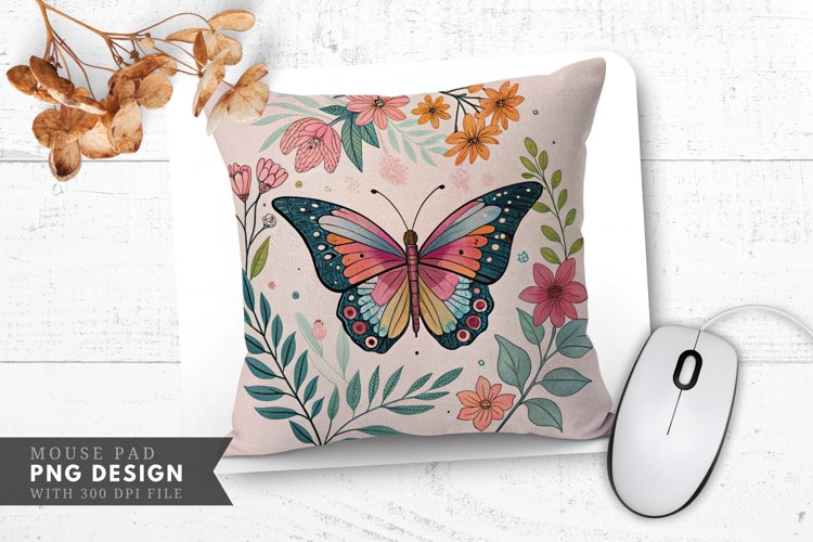 Butterfly Floral Decorative Pillow Mouse Pad PNG Design example image 1