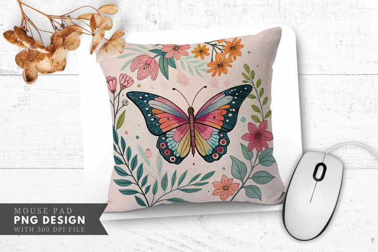Butterfly Floral Decorative Pillow Mouse Pad PNG Design