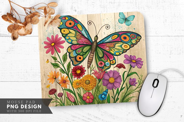 Butterfly and Floral Upcycled Art Mouse Pad PNG Design example image 1