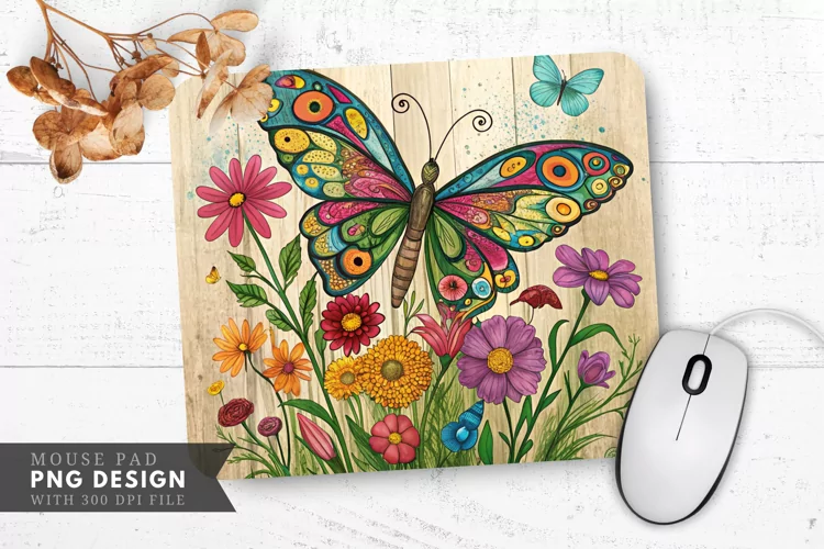 Butterfly and Floral Upcycled Art Mouse Pad PNG Design