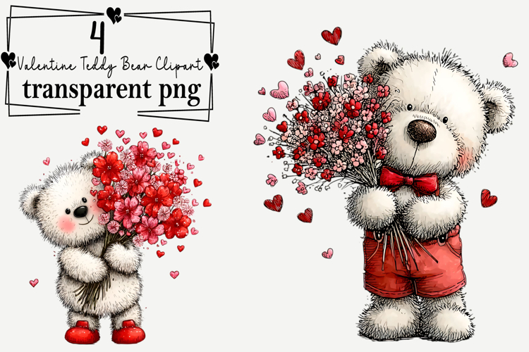 Whimsical Valentine Teddy Bear Clipart Watercolor PNG example image 1