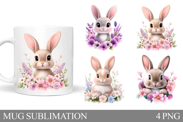 Cute Bunny Mug Design. Bunny Flowers Mug Sublimation