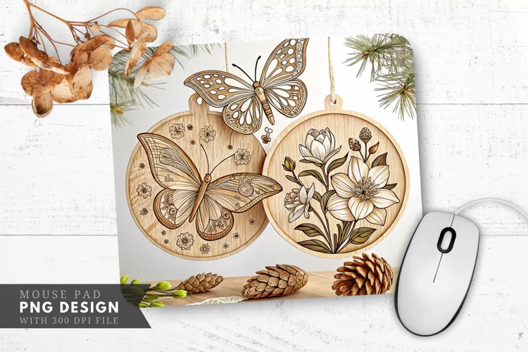 Hand Carved Wooden Butterfly and Floral Mouse Pad PNG Design