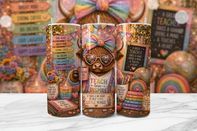 Teacher Highland Cow Tumbler Wrap PNG