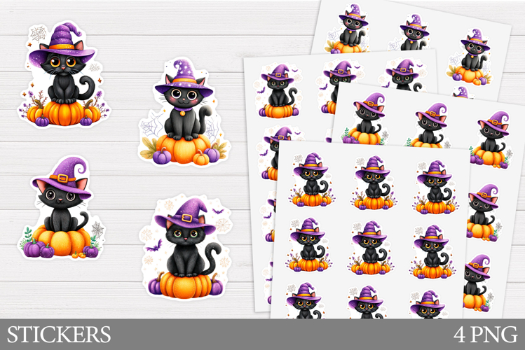 Black Cat Sticker Template. Cute Halloween Sticker Design