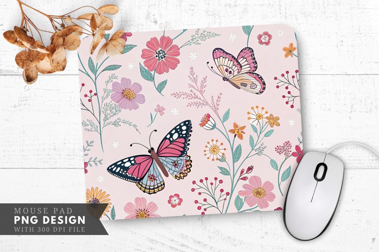 Butterfly and Flower Pattern Mouse Pad PNG Design example image 1