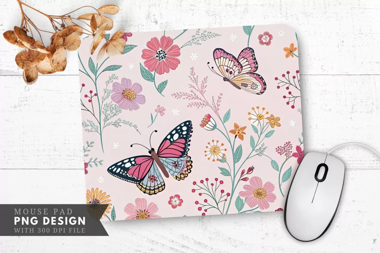 Butterfly and Flower Pattern Mouse Pad PNG Design