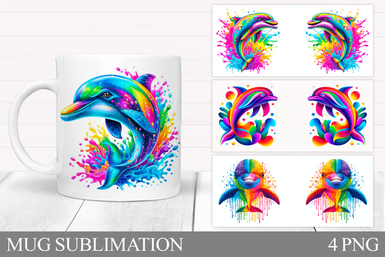 Rainbow Dolphin Mug Design. Colorful Dolphin Sublimation
