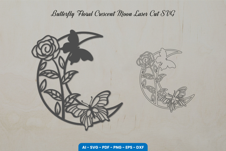 Butterfly Floral Crescent Moon Laser Cut SVG