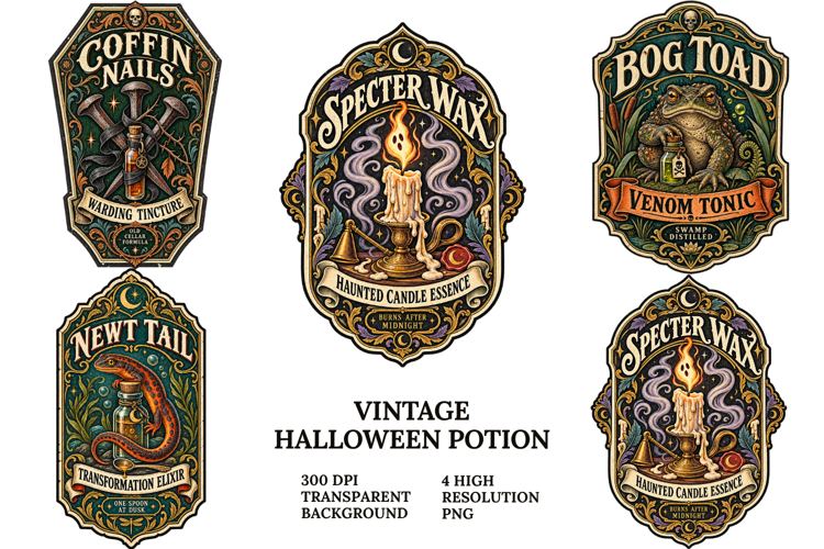 Vintage Halloween Potion Labels PNG
