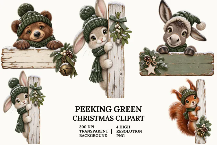 Peeking Christmas Clipart with Koala, Beaver and Angel PNG
