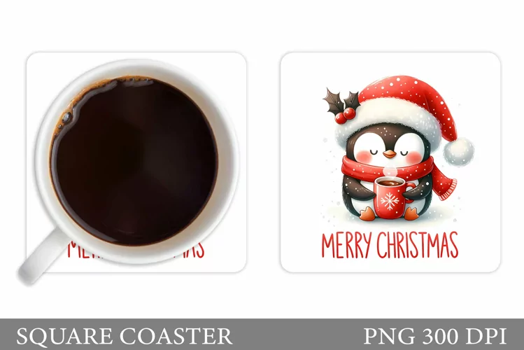 Cute Penguin Coaster Sublimation. Christmas Coaster Design