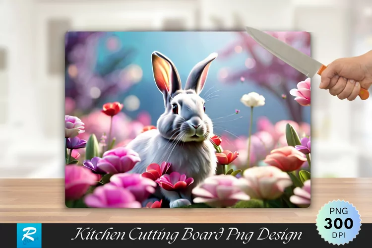 3D Rabbit With Flowers Cutting Board Sublimation Design