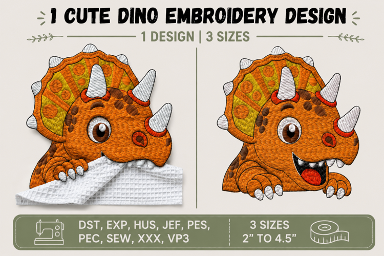Cute Triceratops Dinosaur Machine Embroidery Design