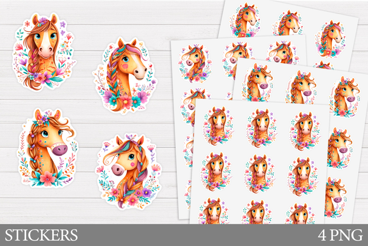 Cute Horse Sticker Design. Horse Flowers Sticker Printable