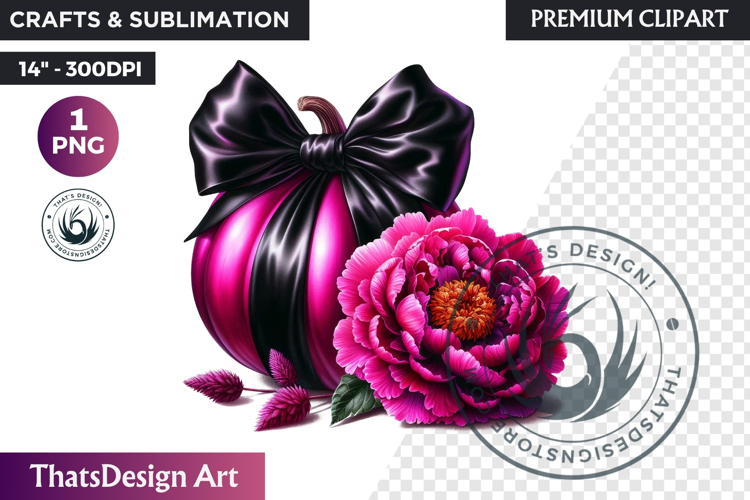 Floral Pink Coquette Pumpkin with bow PNG, Autumn Girly bow
