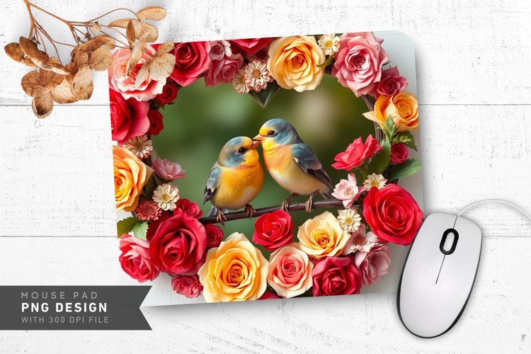 Floral Heart Lovebirds Mouse Pad PNG Design example image 1