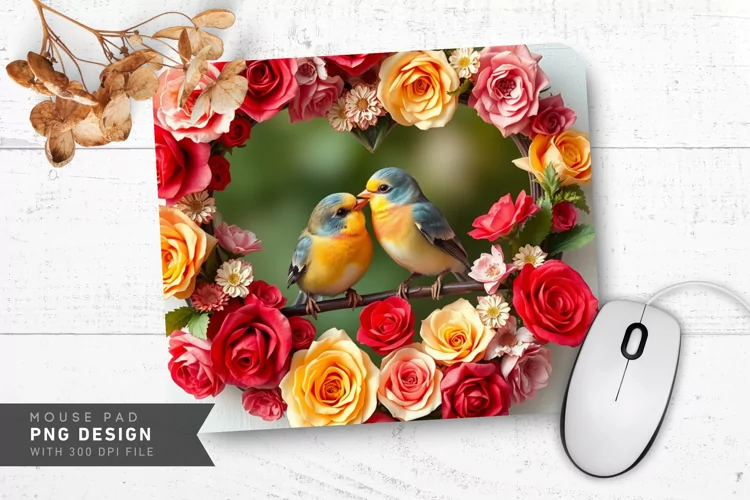 Floral Heart Lovebirds Mouse Pad PNG Design
