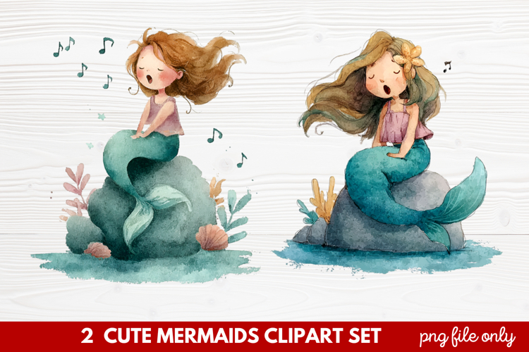 2 Cute Mermaids Clipart Set | Whimsical Mermaid Illustration