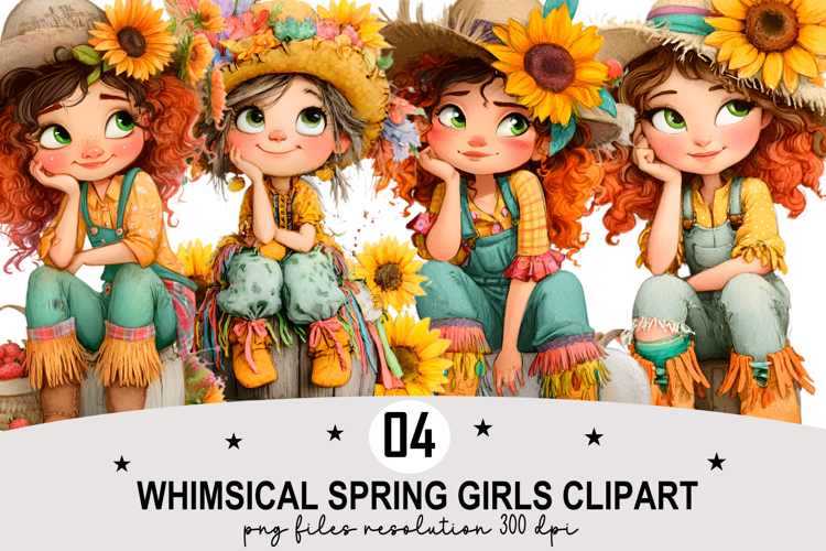 Whimsical Spring Girls Clipart Watercolor PNG