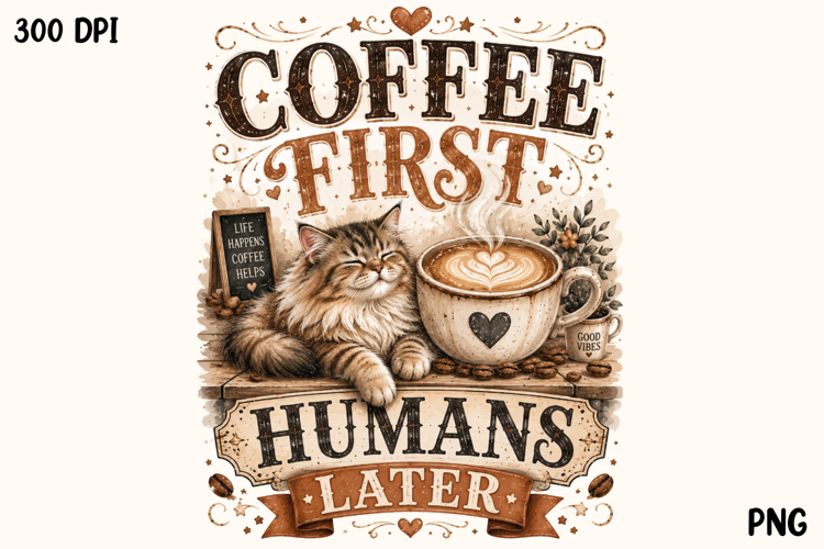Coffee First Humans Later Cute Cat Coffee PNG