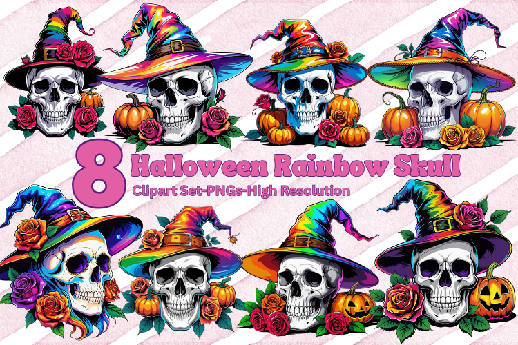 Watercolor Skull with Rainbow Witch Hat | Pride Halloween