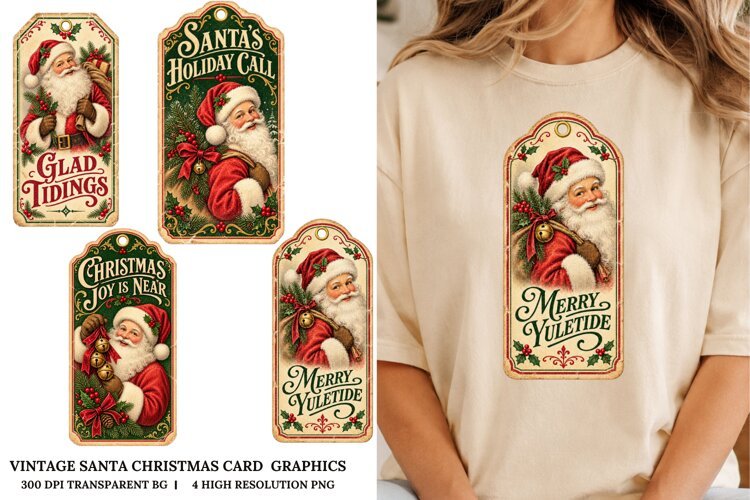 Vintage Santa Christmas Card PNG Retro Holiday Sublimation example image 1