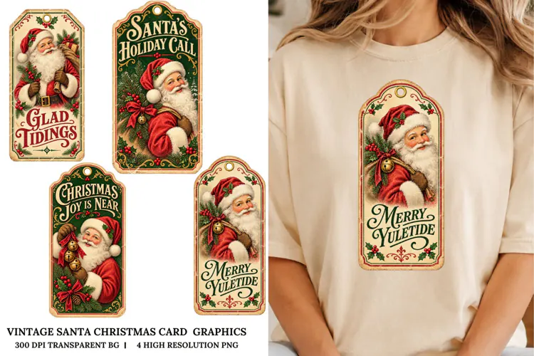 Vintage Santa Christmas Card PNG Retro Holiday Sublimation