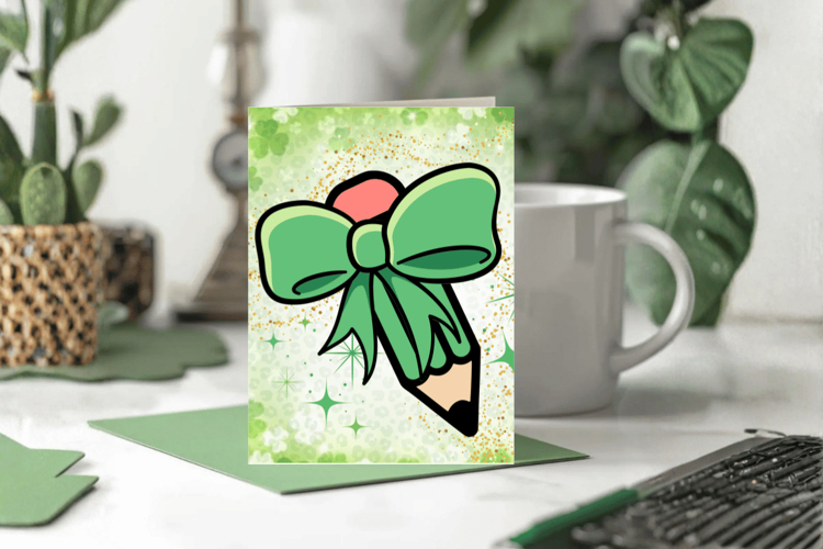 Cute Green Bow with Pencil Greeting Card PNG Sublimation Des
