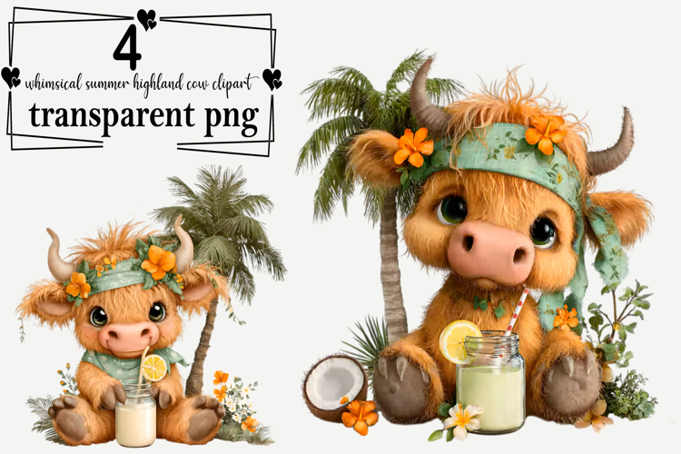 Whimsical Summer Highland Cow Clipart Watercolor PNG example image 1