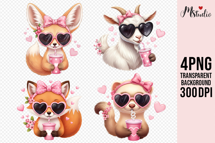 Sweet Pink Animals Sipping Heart Drinks PNG