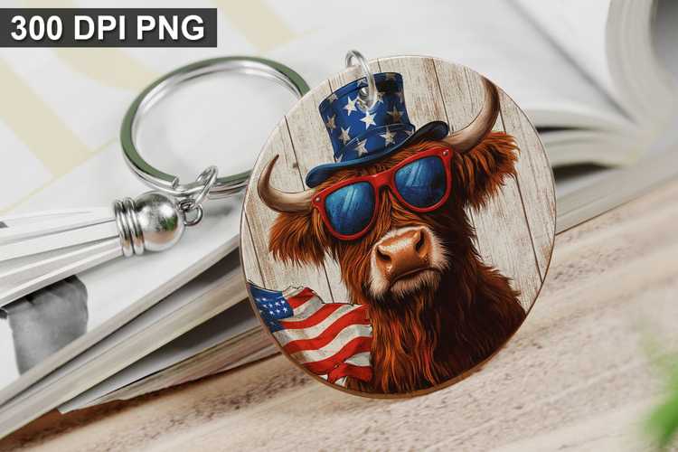 4Th Of July Highland Cow Keychain Sublimation PNG