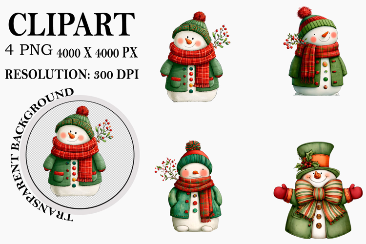 Whimsical Christmas Snowman Clipart Watercolor PNG