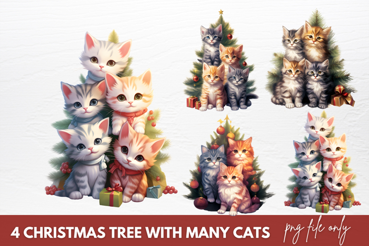 Christmas Tree With Many Cats Clipart