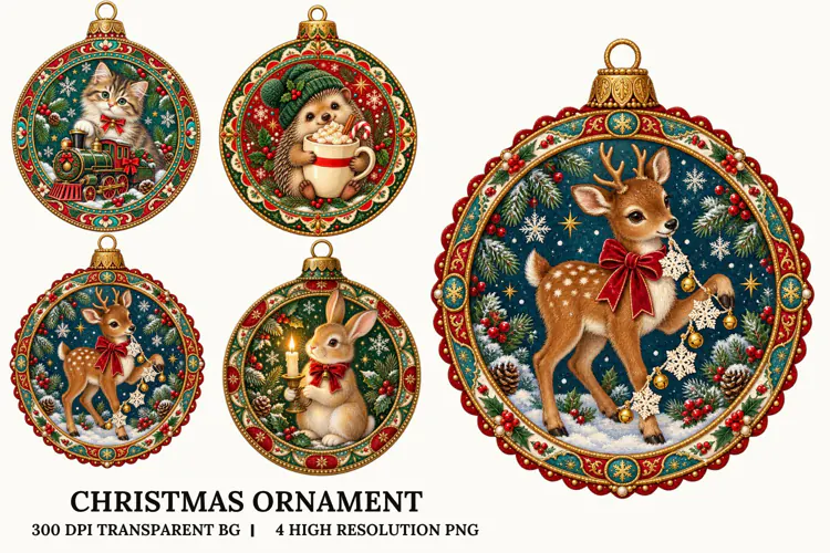 Christmas Ornament PNG Cute Woodland Animals Sublimation Art