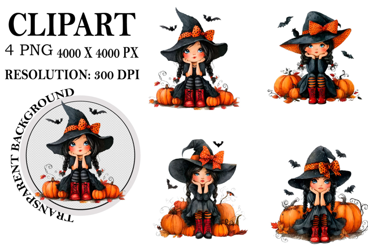 Whimsical Halloween Girl Clipart Watercolor PNG example image 1