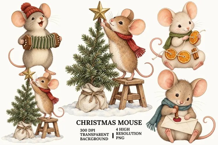 Christmas Mouse PNG, Cute Winter Holiday Sublimation Art