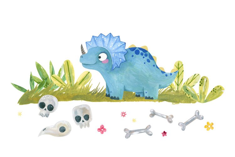 Cute watercolor blue triceratops dinosaur example image 1