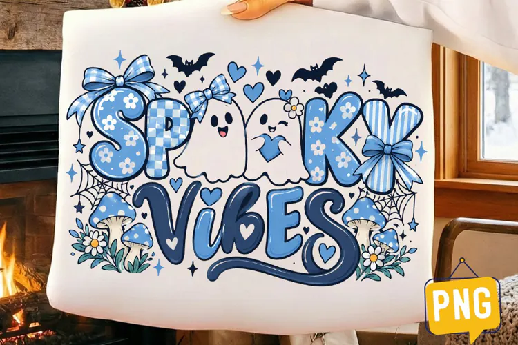 Spooky Vibes Halloween PNG, Cute Blue Ghost Bat Bow Hallowee