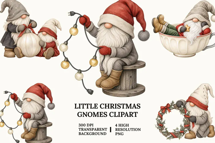 Little Christmas Gnome Clipart with Lights, Ornaments and Be