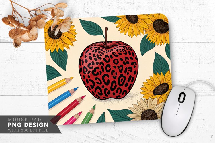 Leopard Print Apple Sunflowers and Pencils Mouse Pad PNG