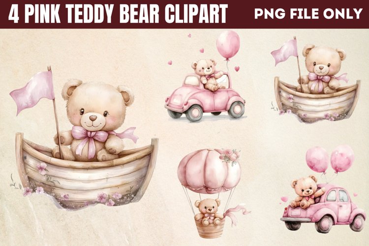 Watercolor Pink Teddy Bear Clipart PNG example image 1