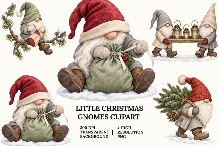 Little Christmas Gnome Clipart, Skiing, Bells and Snowman PN example image 1